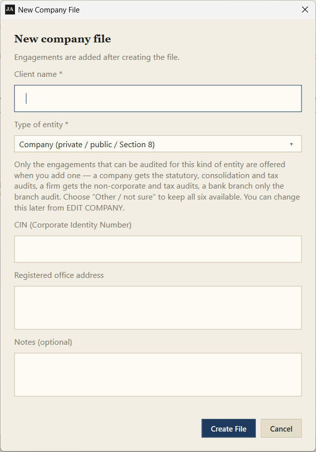 One file per client. Engagements are added inside it.