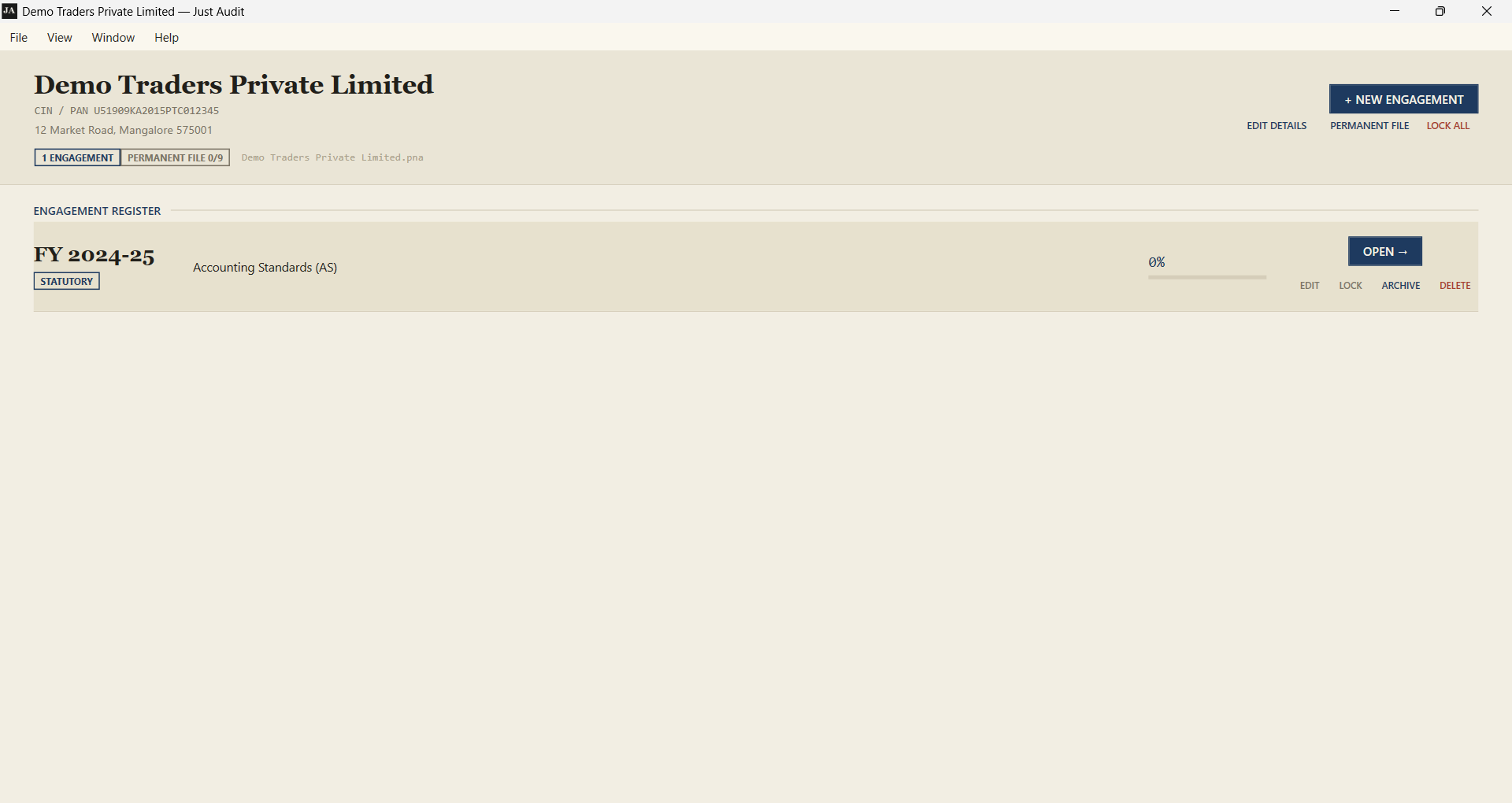 The client window: one row per engagement, with its progress.