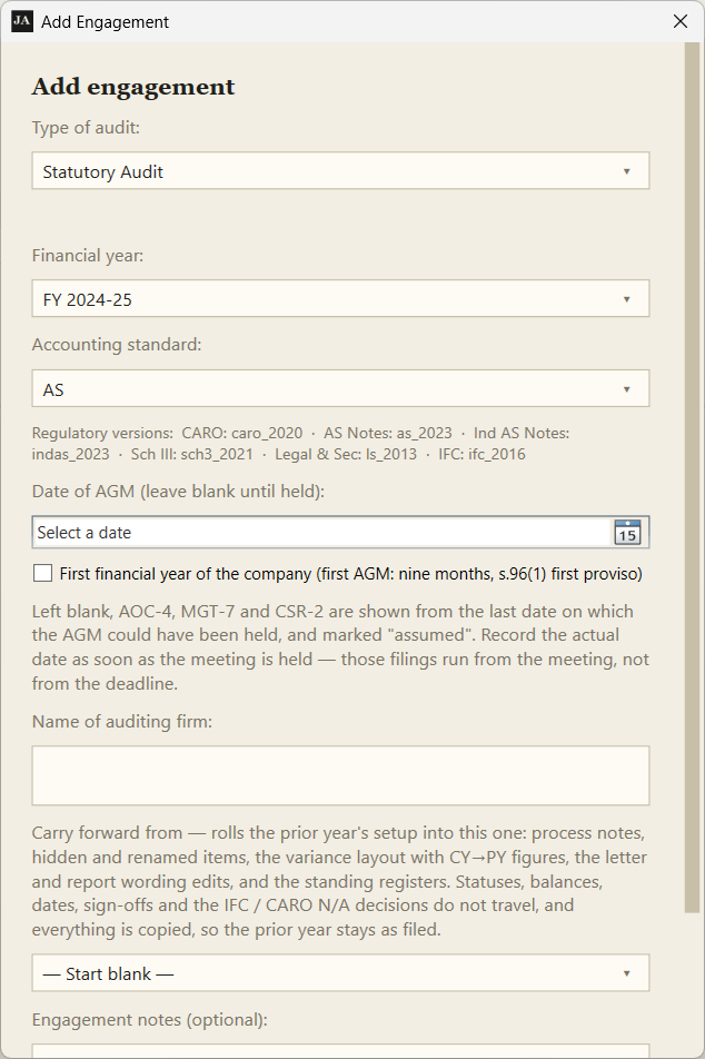 Type of audit, year and accounting standard decide which tabs you get.